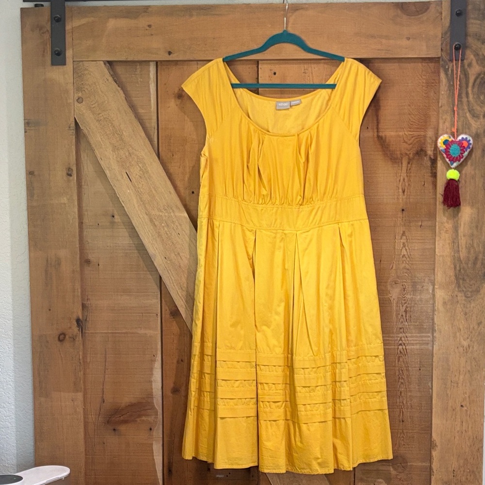 eshakti Golden Yellow Cap-Sleeve Pleated Midi Dress